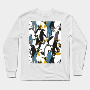 We love penguins // black white grey dark teal yellow and coral type species of penguins (King, African, Emperor, Gentoo, Galápagos, Macaroni, Adèlie, Rockhopper, Yellow-eyed, Chinstrap) Long Sleeve T-Shirt